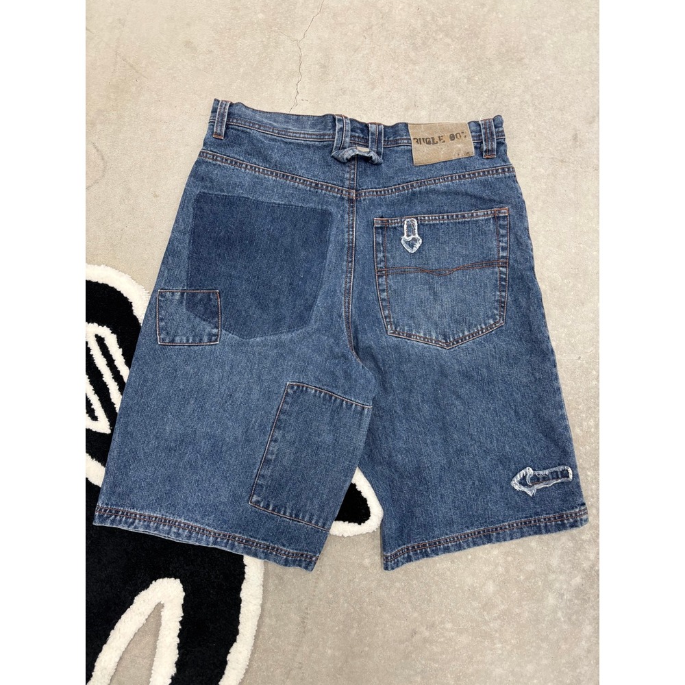 Vintage Bugle Boy Varsity Patch Denim Jorts Mens 34 Baggy Y2K Streetwear Shorts